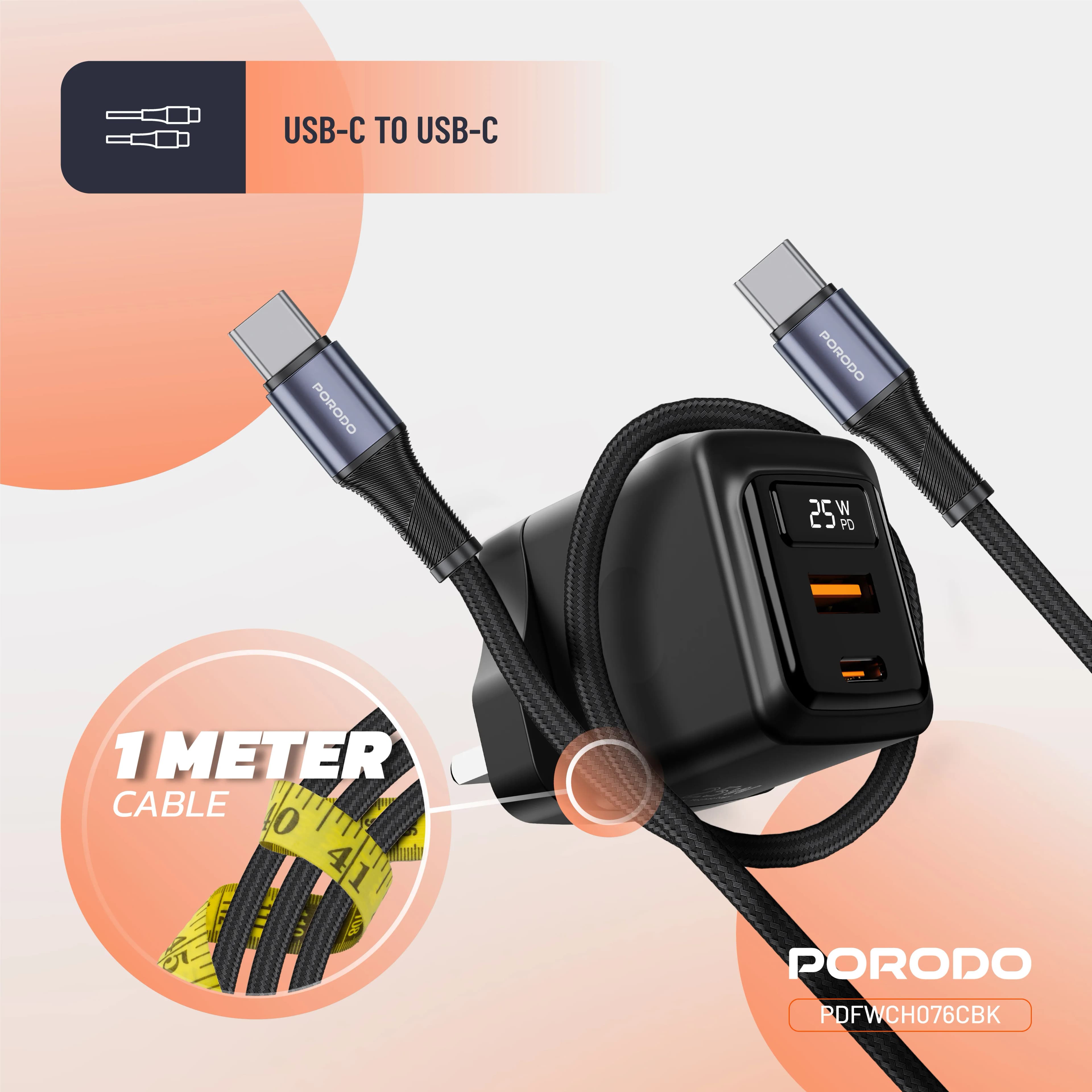 Porodo GaN 25W Dual-Port Wall Charger - Black 1 Porodo GaN 25W Dual-Port Wall Charger - Black 1