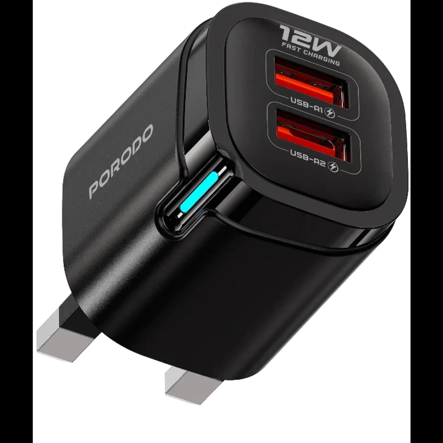Porodo Wall Adapter - Dual USB-A Ports with USB-A to USB-C Cable, Black 1 Porodo Wall Adapter - Dual USB-A Ports with USB-A to USB-C Cable, Black 1