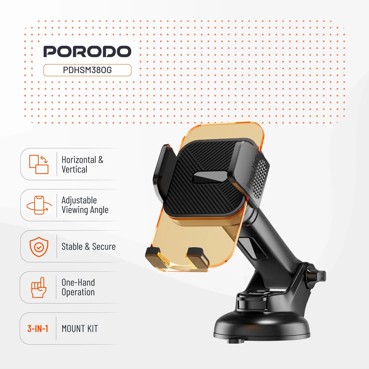 Porodo Phone Holder - 3-in-1 Mount, Orange 1 Porodo Phone Holder - 3-in-1 Mount, Orange 1