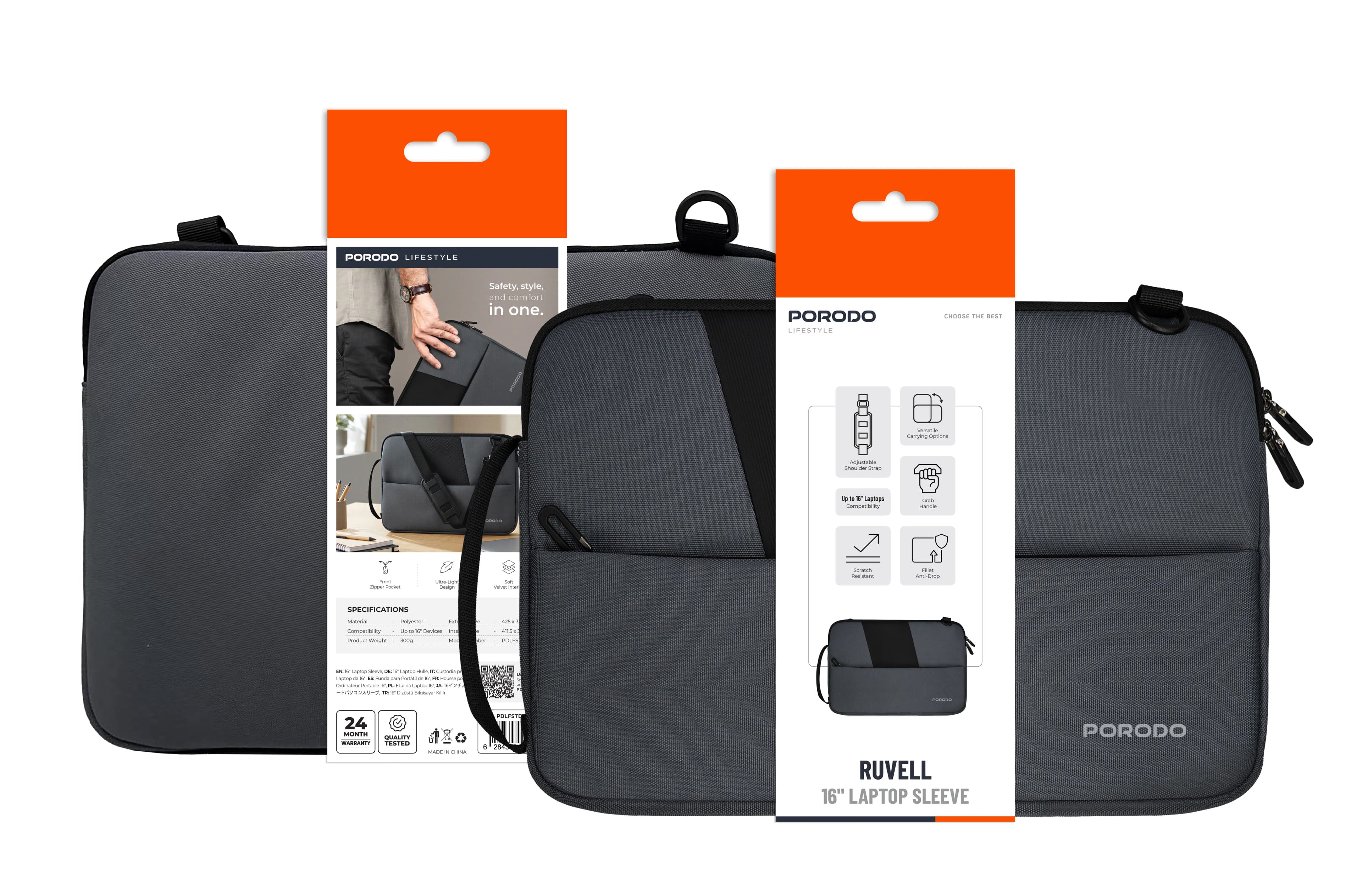 Porodo Laptop Case PDLFSTDL16GY - 16 Inch, Anti-Scratch, Grey