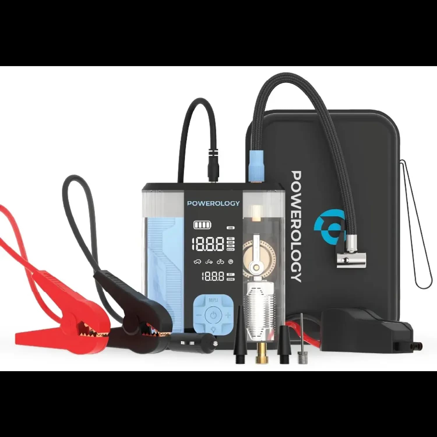Powerology Jump Starter & Tire Inflator - 3-in-1, Black/Blue 1 Powerology Jump Starter & Tire Inflator - 3-in-1, Black/Blue 1