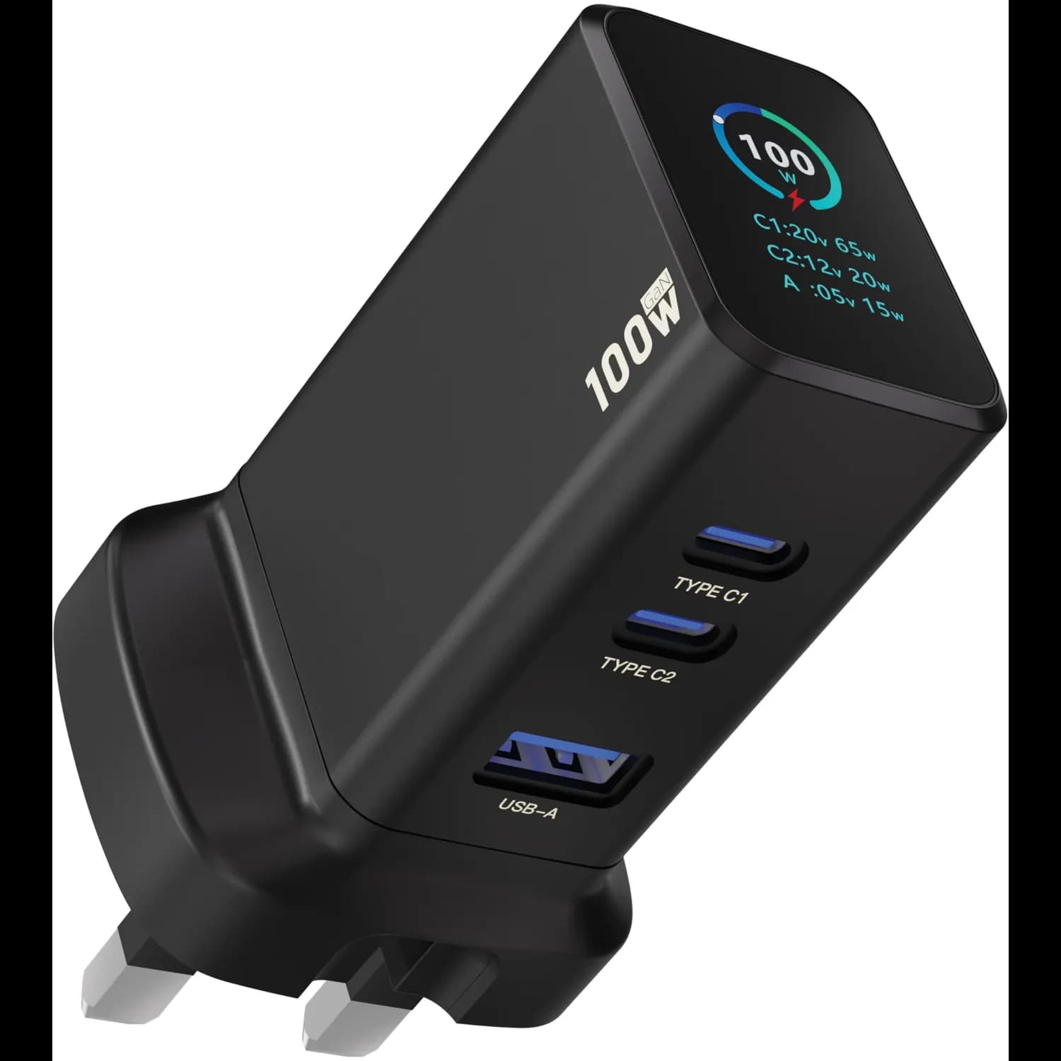 Powerology GaN PD 100W Multi-Port Adapter - Foldable Plug, Black 1 Powerology GaN PD 100W Multi-Port Adapter - Foldable Plug, Black 1