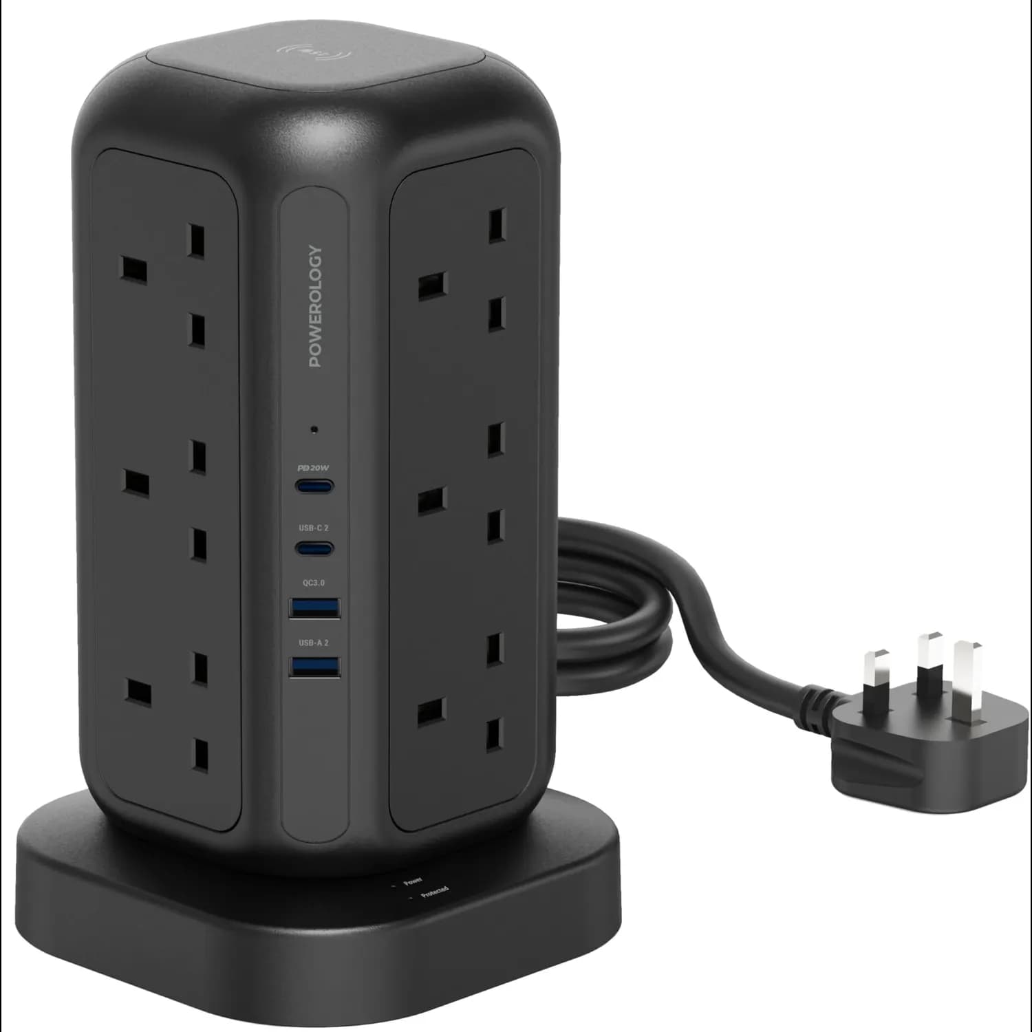 Powerology Socket Tower - 12 UK Sockets, Wireless Charger, Black 1 Powerology Socket Tower - 12 UK Sockets, Wireless Charger, Black 1