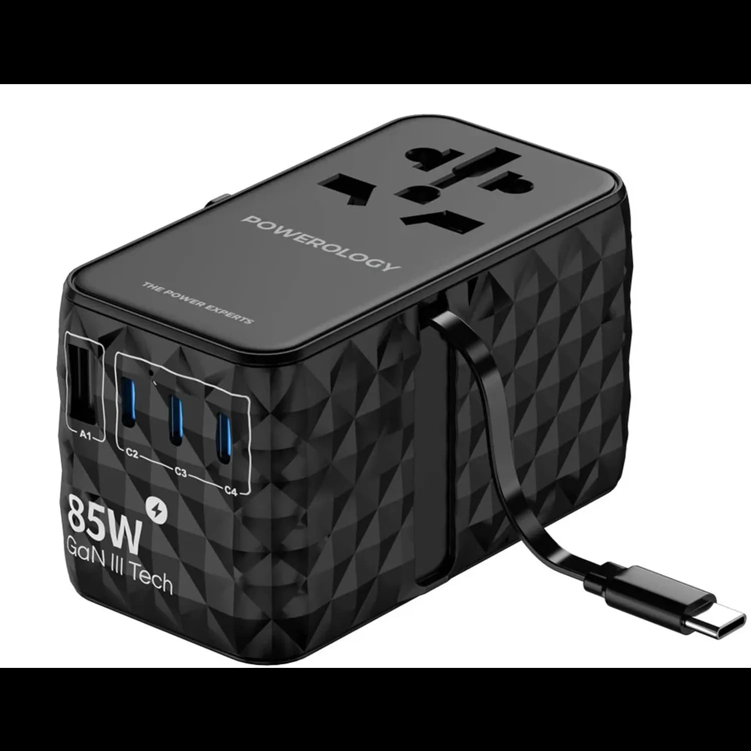 Powerology Charger - Universal GaN 85W with Retractable Type-C Cable, Black 1 Powerology Charger - Universal GaN 85W with Retractable Type-C Cable, Black 1
