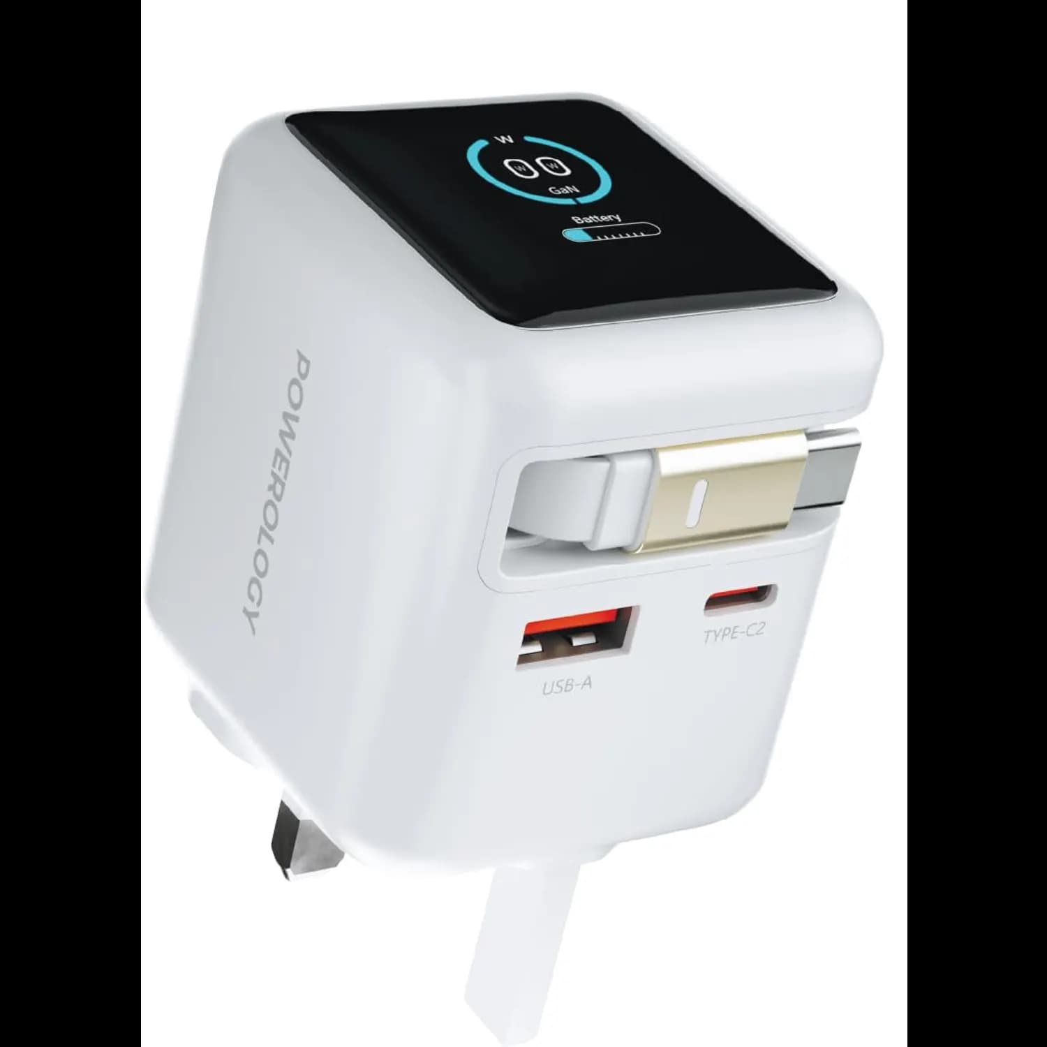 Powerology Charger - 70W Dual-Port GaN with Retractable Type-C Cable, Gray — White 1 Powerology Charger - 70W Dual-Port GaN with Retractable Type-C Cable, Gray — White 1