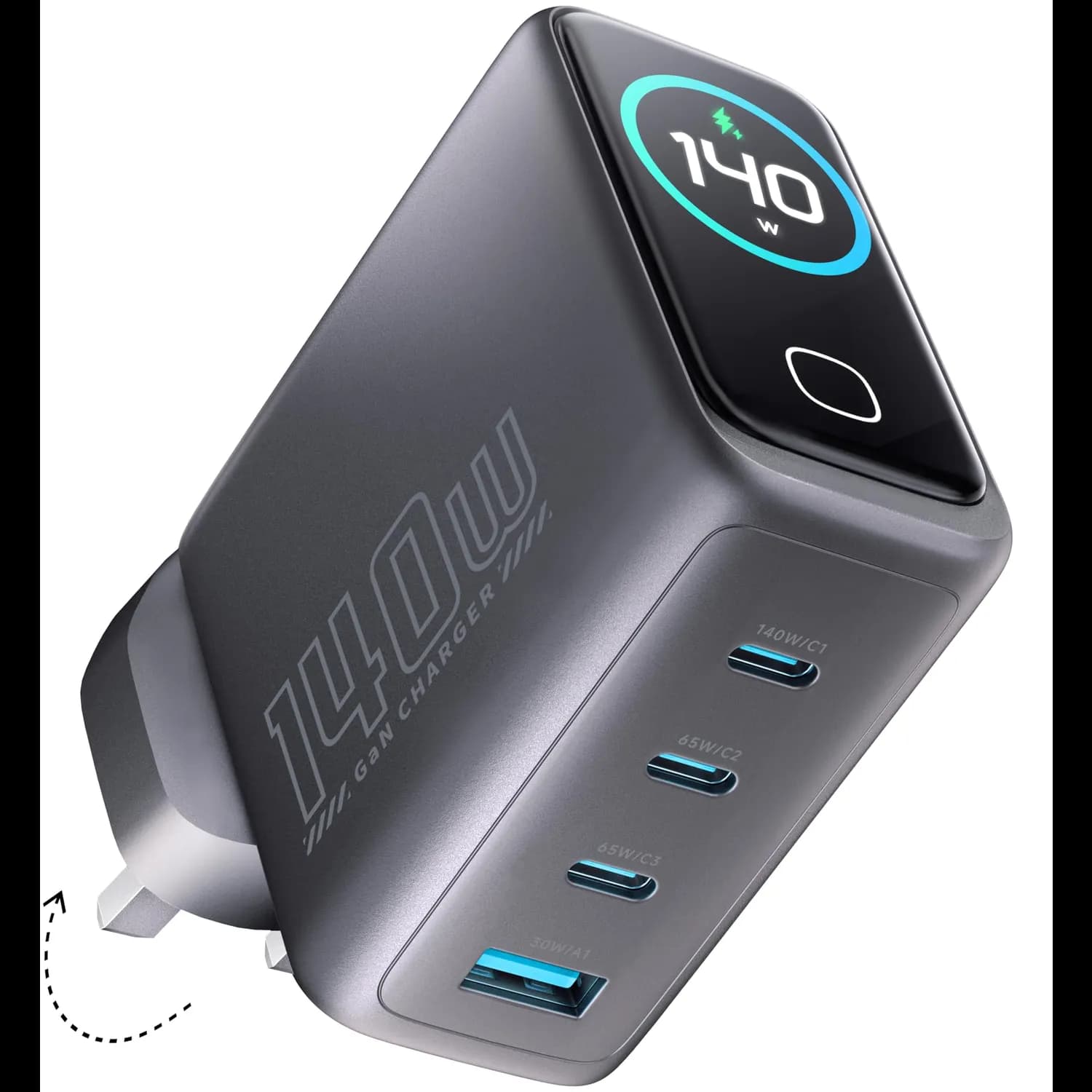 Powerology GaN Charger - 140W 4-Port with TFT Display, Black 1 Powerology GaN Charger - 140W 4-Port with TFT Display, Black 1
